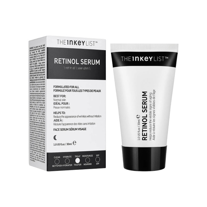 The INKEY List Retinol Serum 30 ml anti-aging ansigtsserum mod rynker i sort og hvid tube med tilhørende æske