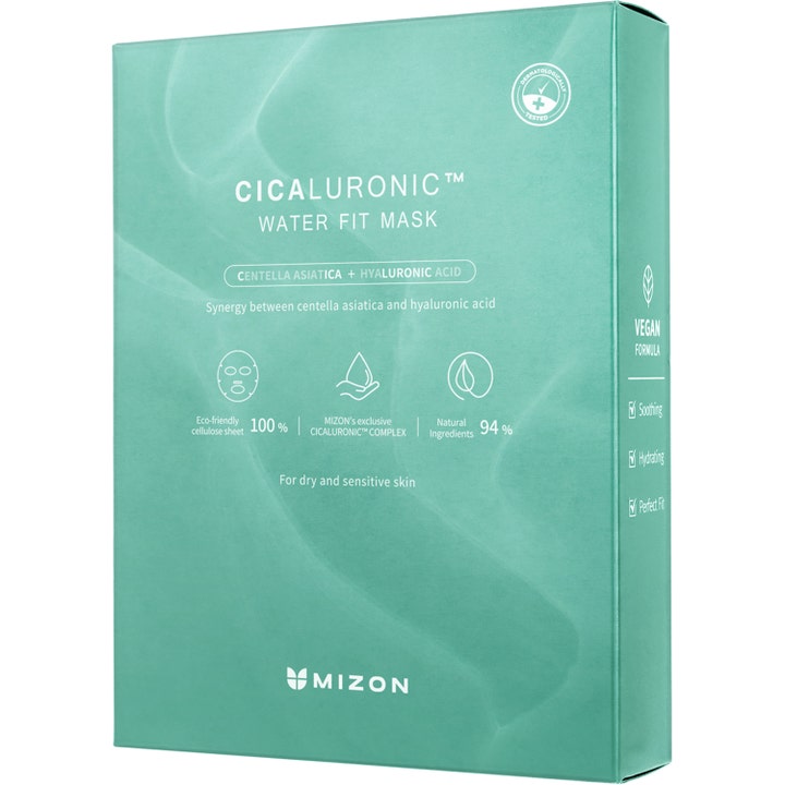 Mizon Cicaluronic Water Fit Mask 24 g fugtgivende ansigtsmaske i lysegrøn æske med beroligende centella og hyaluronsyre.