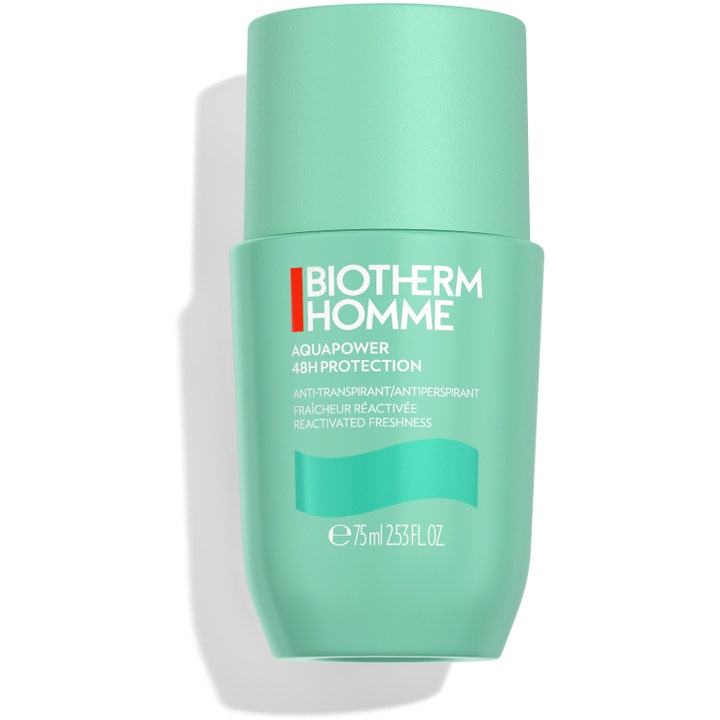 Biotherm Homme Aquapower 75 ml kølende antiperspirant i turkisgrøn roll-on flaske der giver 48 timers beskyttelse