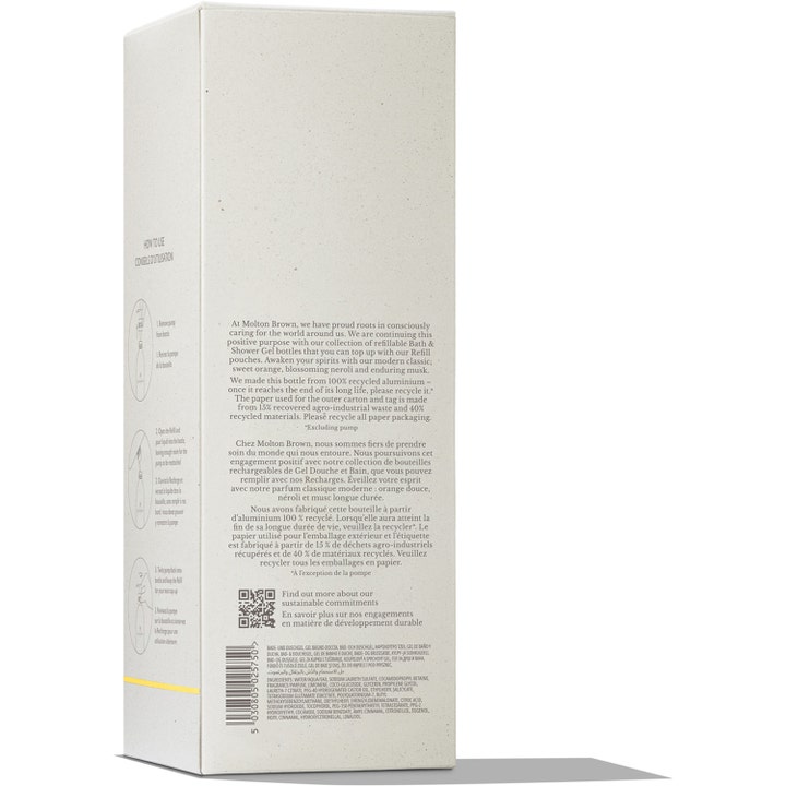 Molton Brown Orange & Bergamot Infinite Bath & Shower Gel 400 ml showergel viser æskens bagside med ingrediensliste og tekst