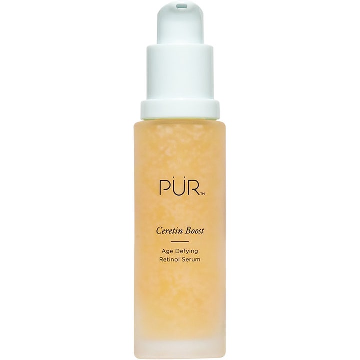 PÜR Ceretin Boost Age Defying Retinol Serum anti-aging serum i frostet glasflaske med hvid pumpe og synlig gul gel