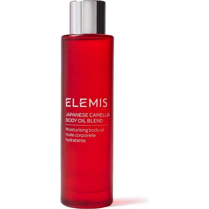 Elemis Japanese Camellia Body Oil Blend 100 ml fugtgivende kropsolie i rød glasflaske med sølvlåg