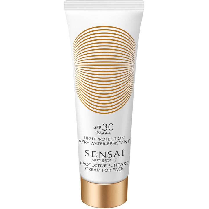 Sensai Silky Bronze Protective Suncare Cream For Face SPF 30 vandafvisende solcreme i hvid tube med guldhætte