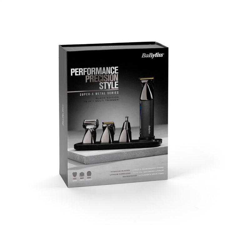 BaByliss Super X Metal 15 in 1 Multi-Trimmer i sort emballage med trimmer og tilbehør på stander