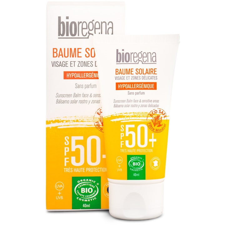 Bioregena Baume Solaire 40 ml SPF 50+ solcreme til sensitiv hud i hvid tube og æske med gule detaljer