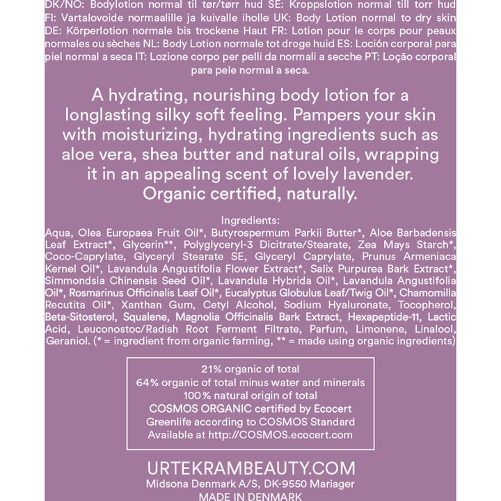 Urtekram Soothing Lavender Body Lotion 245 ml med ingrediensliste og COSMOS ORGANIC certificering
