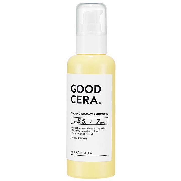 Holika Holika Good Cera Super Ceramide Emulsion 130 ml fugtgivende emulsion i gul plastflaske med hvid label og pumpe