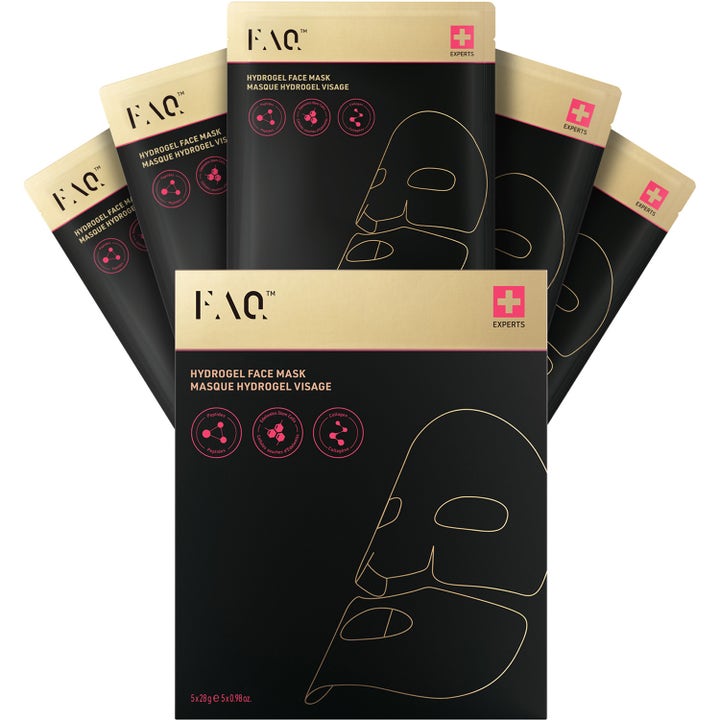 FAQ Hydrogel Face Mask 5x28 g fugtgivende ansigtsmaske med collagen i sort og guld kasse med fem breve