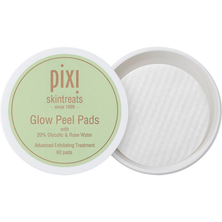 Pixi Glow Peel Pads 60 stk eksfolierende behandling der giver glød i hvid krukke med rillede hvide rondeller