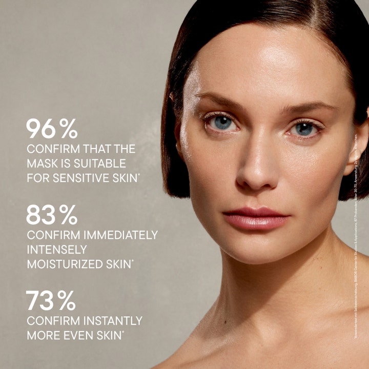 Babor DOC Cryo Plumping Mask 1 stk ansigtsmaske til sensitiv hud model med tekst om 96% egnethed og 83% intens fugt