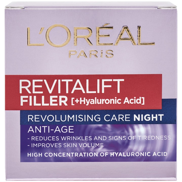 L'Oréal Paris Revitalift Filler 50 ml anti-age natcreme i lilla papæske med hyaluronsyre der giver fylde.