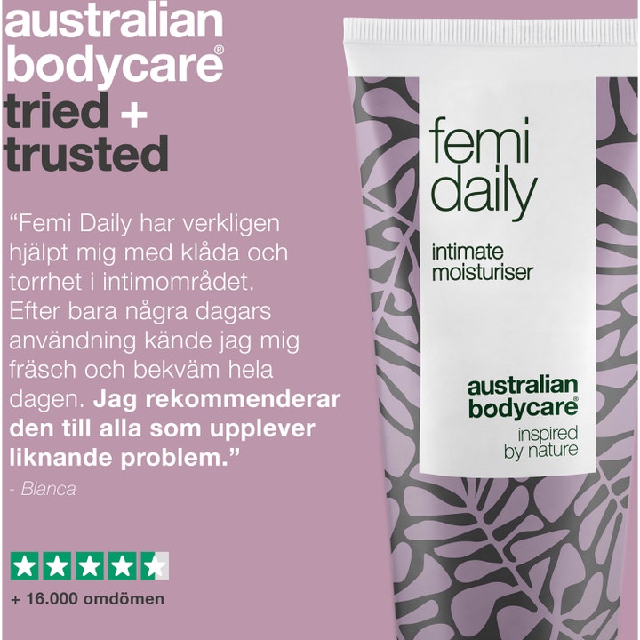 Australian Bodycare Femi Daily 100 ml intimgel mod irritation vist med en kundeanmeldelse og 5 stjerner på lilla baggrund