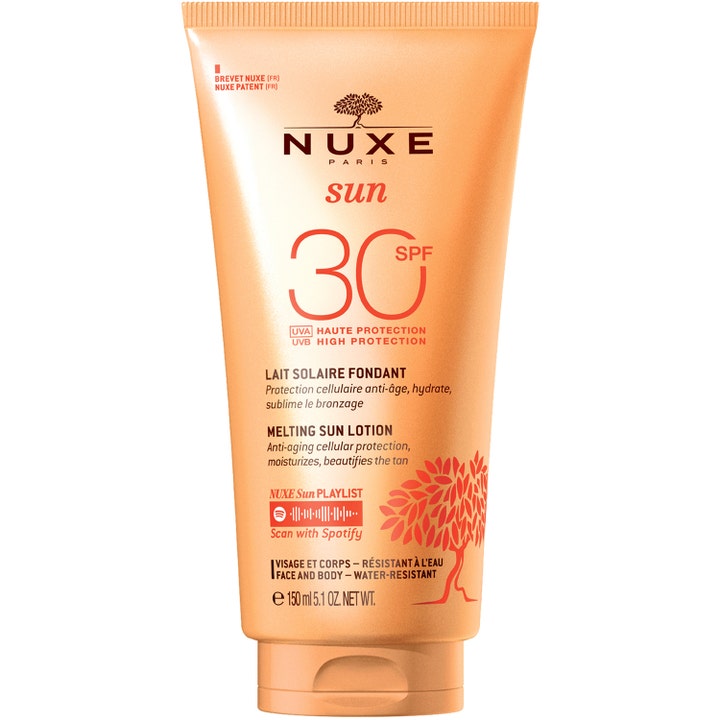 Nuxe Sun Melting Sun Lotion 150 ml fugtgivende anti-age solbeskyttelse i orange tube til ansigt og krop