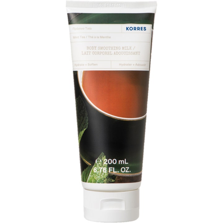 Korres Body Smoothing Milk Mint Tea 200 ml blødgørende bodylotion i hvid tube med motiv af te og friske mynteblade