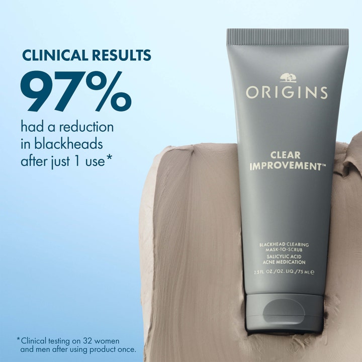 Origins Clear Improvement Blackhead Clearing Mask-To-Scrub 75 ml ansigtsmaske i grå tube ved leret tekstur