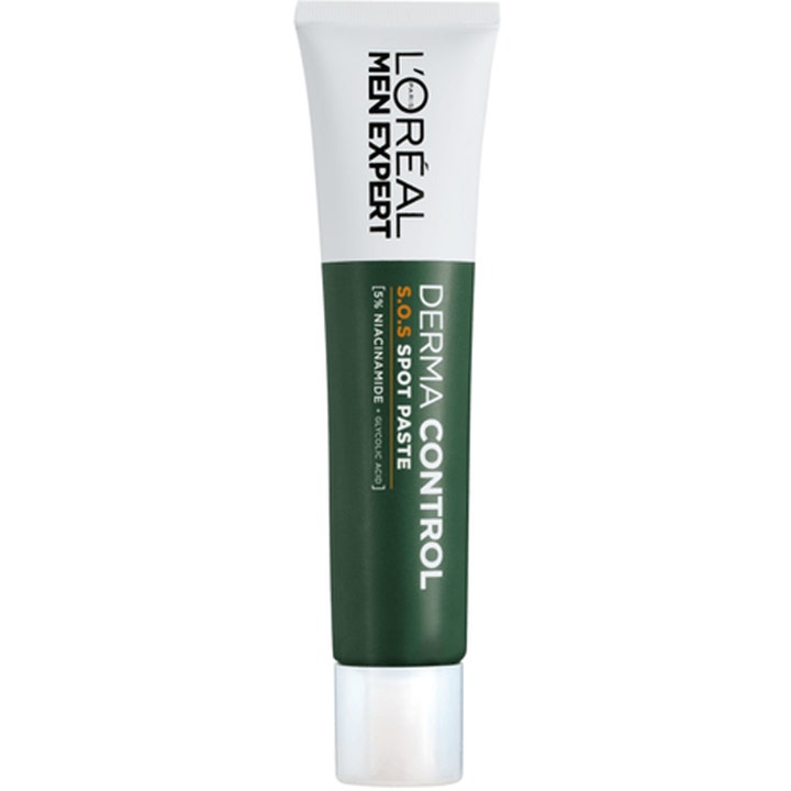 L'Oréal Men Expert Derma Control SOS Spot Paste mod urenheder i en slank hvid og mørkegrøn tube med hvidt låg