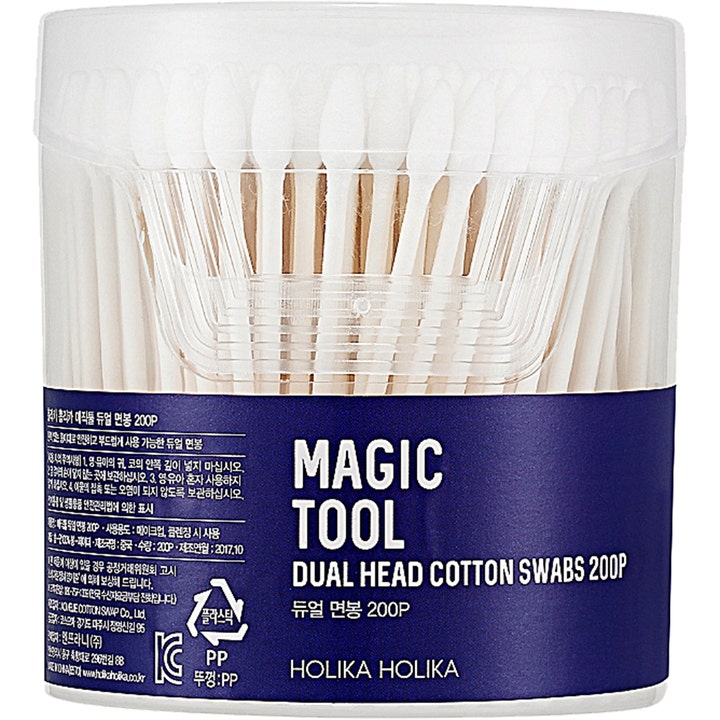 Holika Holika Magic Tool Dual Head Cotton Swabs 200 stk vatpinde til præcis pleje i gennemsigtig plastbeholder