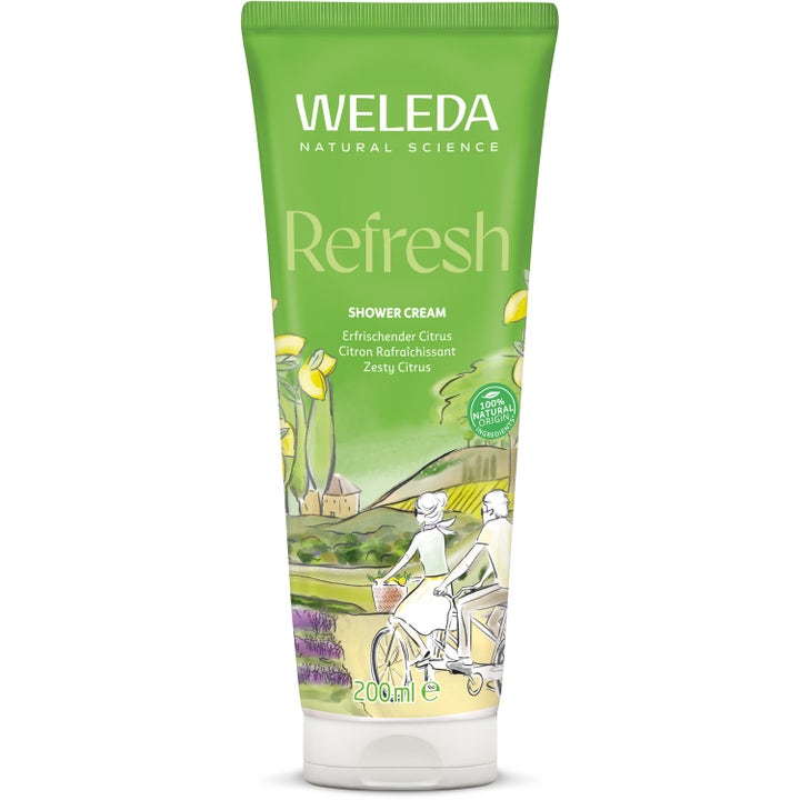 Weleda Refresh Shower Cream 200 ml opfriskende kropsvask i grøn tube med illustration af et par på cykel