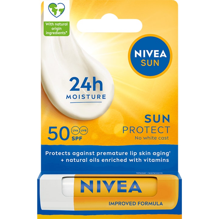 Nivea Sun Sun Protect 4,8g læbepomade med SPF 50 giver fugt i gul og blå indpakning med hvid cremet tekstur.