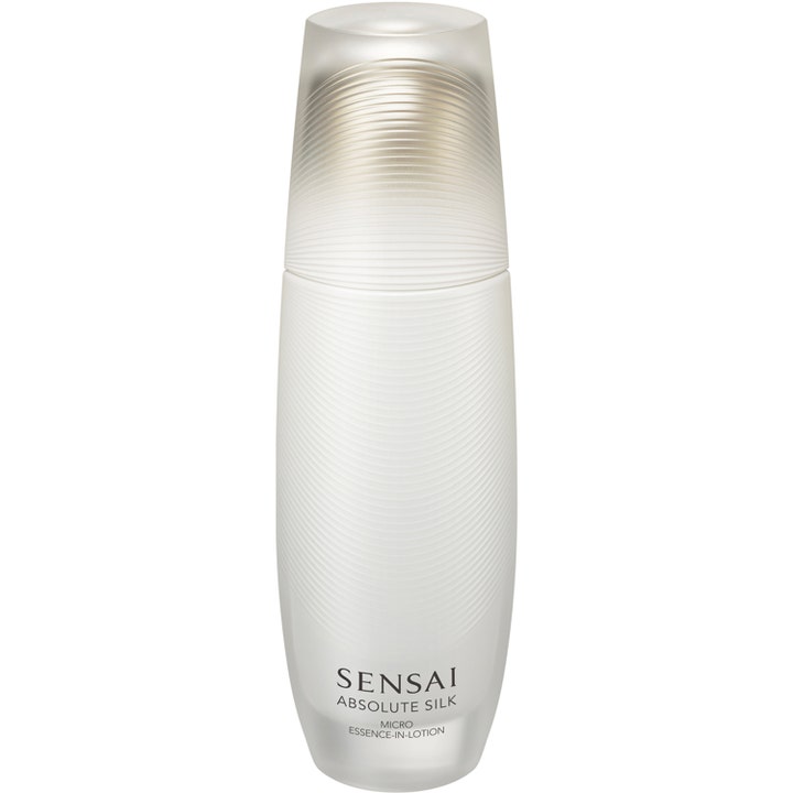 Sensai Absolute Silk Micro Essence-in-Lotion fugtgivende ansigtspleje i hvid flaske af matteret glas med rillet mønster