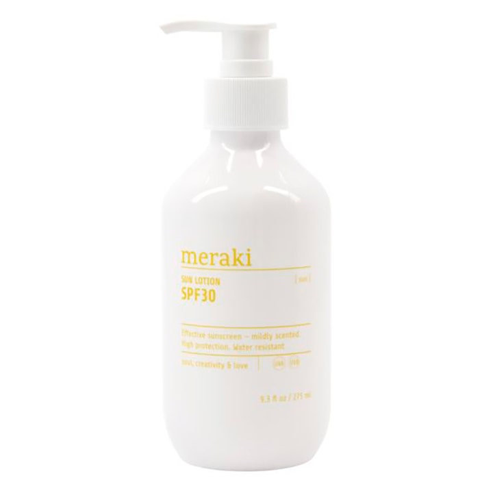 Meraki Sun Lotion SPF30 275 ml vandafvisende solcreme i hvid plastflaske med praktisk pumpe og gul tekst