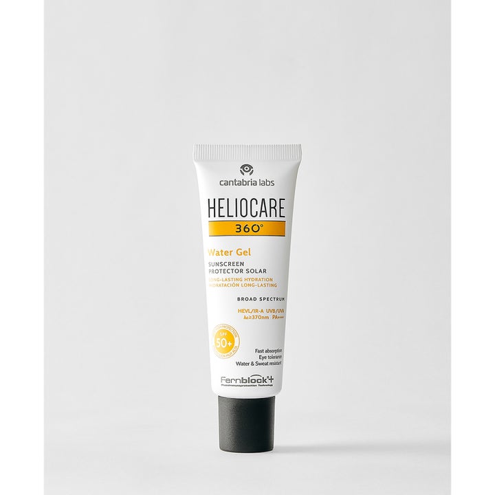 Heliocare 360 Water Gel 50 ml fugtgivende solcreme til ansigtet i en hvid tube med sort skruelåg