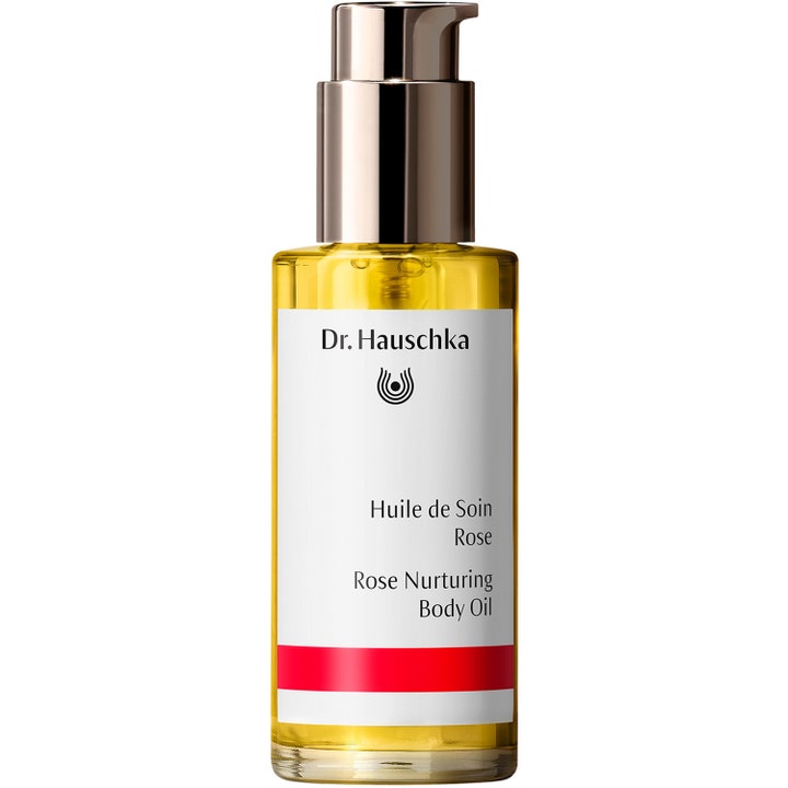 Dr. Hauschka Rose Nurturing Body Oil 75ml plejende kropsolie i glasflaske med gylden pumpe