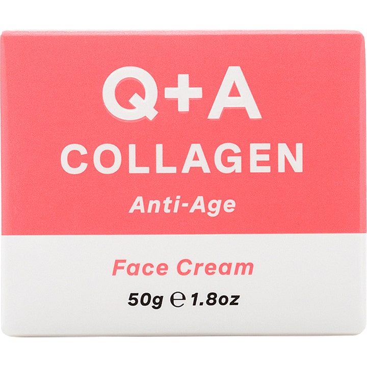 Q+A Collagen Face Cream 50 g anti-age ansigtscreme i en lyserød og hvid papæske der opstrammer huden