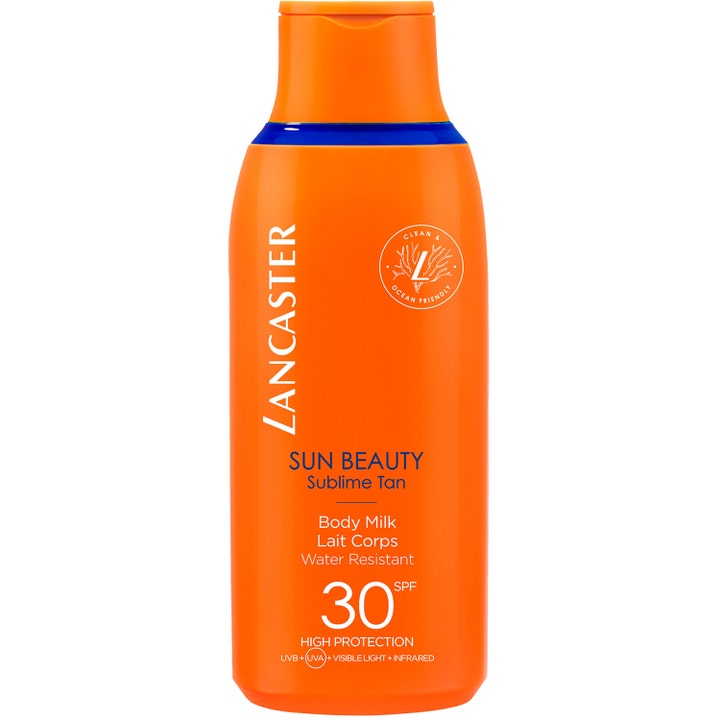Lancaster Sun Beauty Sublime Tan Body Milk SPF 30 solcreme i orange plastflaske med blå detaljer.