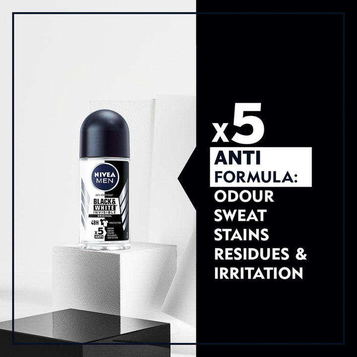 NIVEA MEN Invisible Black & White 50 ml roll-on deodorant mod pletter med 5x anti-formula infografik