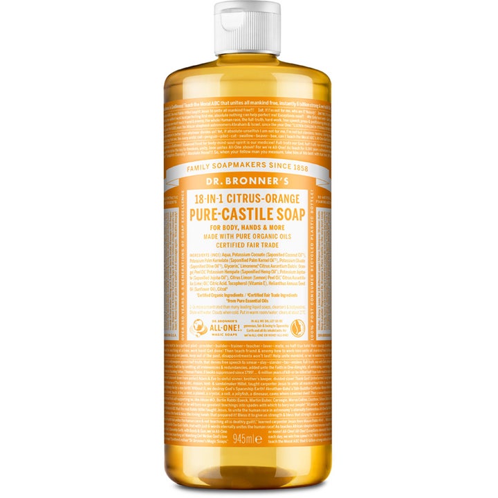 Dr. Bronner's 18-in-1 Citrus-Orange Pure-Castile Soap 945ml opfriskende flydende sæbe i flaske med orange etiket og hvidt låg