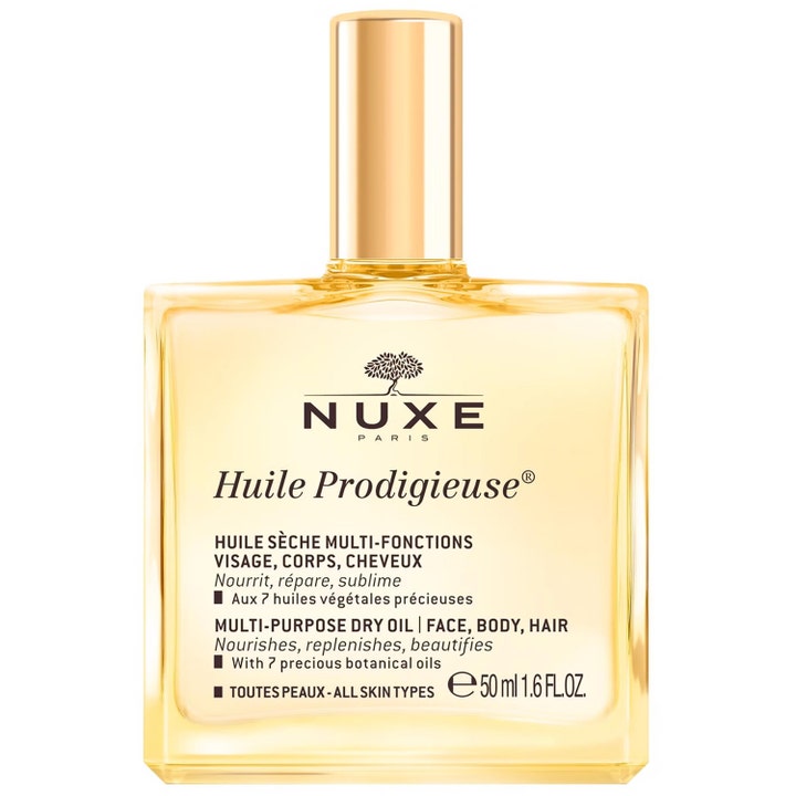 Nuxe Huile Prodigieuse 50 ml plejende tørolie til ansigt og krop i firkantet glasflaske med gulddetaljer.