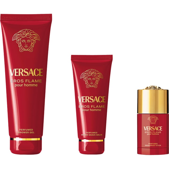 Versace Eros Flame Deostick 75 ml herredeodorant i rød indpakning vist med matchende showergel og aftershave.