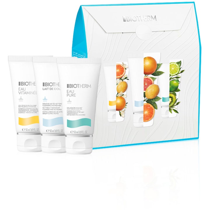 Biotherm Shower Gel Trio 3x50 ml opfriskende kropspleje i hvide tuber ved siden af hvid gaveæske med citrusfrugter