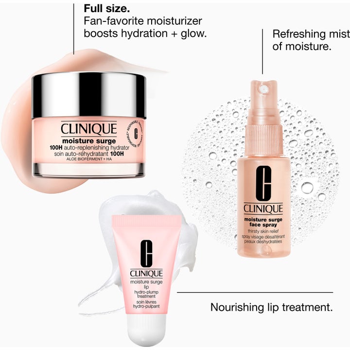 Clinique Moisture Surge hudplejesæt med ansigtscreme, ansigtsspray og læbepleje der giver intens fugt