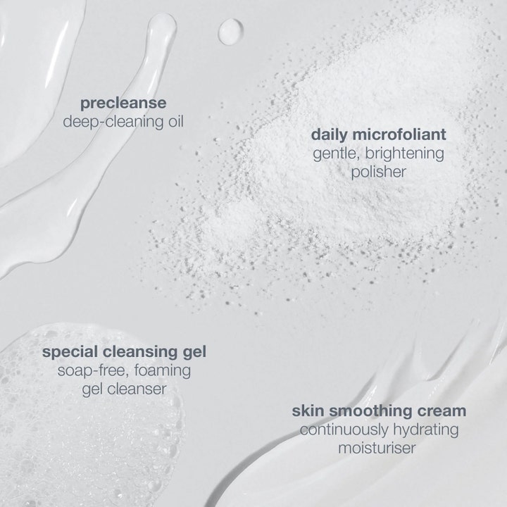Dermalogica Discover Healthy Skin Kit hudplejesæt viser teksturer af renseolie, eksfolierende pulver, gel og ansigtscreme.