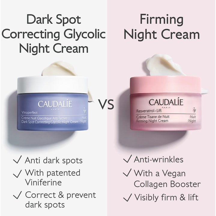 Caudalie Vinoperfect Glycolic Night Cream 50 ml i lilla krukke sammenlignet med Firming Night Cream.