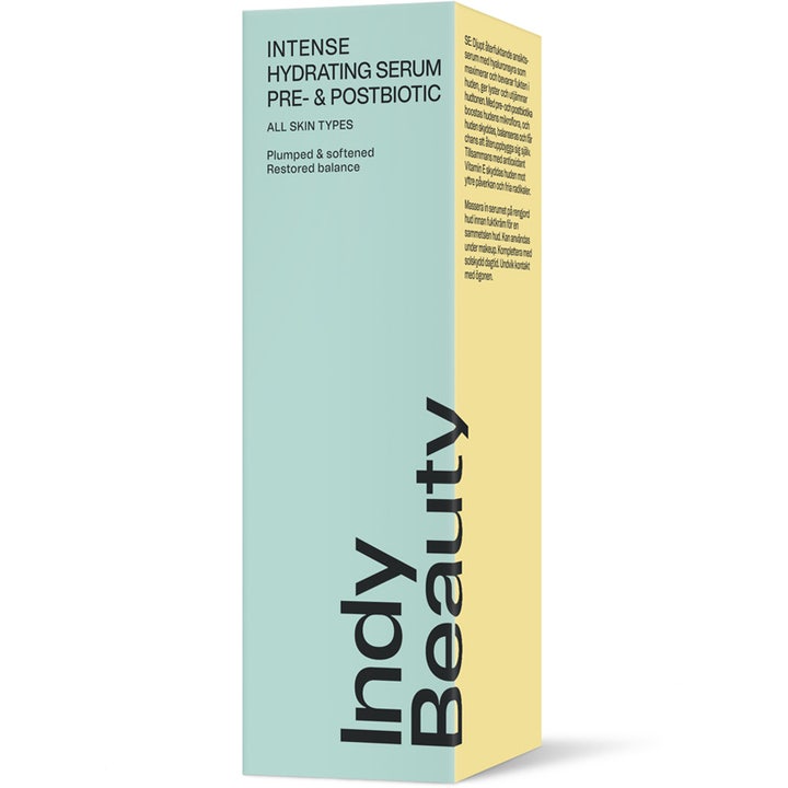 Indy Beauty Intense Hydrating Serum 30 ml fugtgivende serum med pre- & postbiotic i mintgrøn og gul papæske