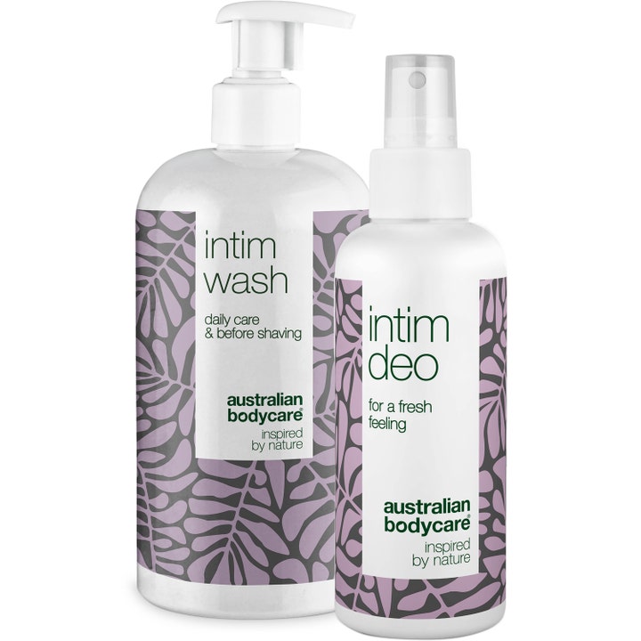 Australian Bodycare Intim Wash og Intim Deo plejesæt til friskhed i hvide flasker med lilla bladmønster