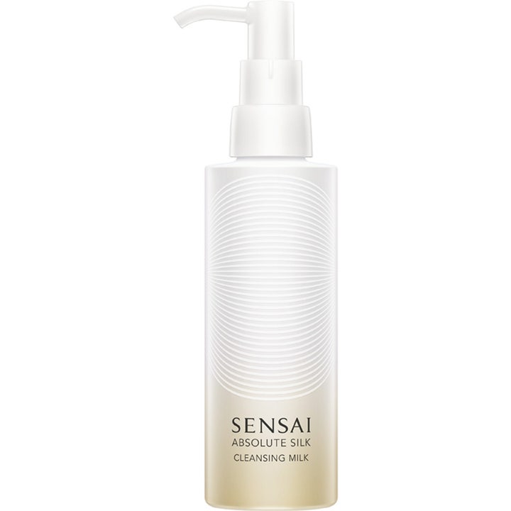 Sensai Absolute Silk Cleansing Milk 150 ml blødgørende ansigtsrens i hvid pumpeflaske med guldtonet bund og mønster