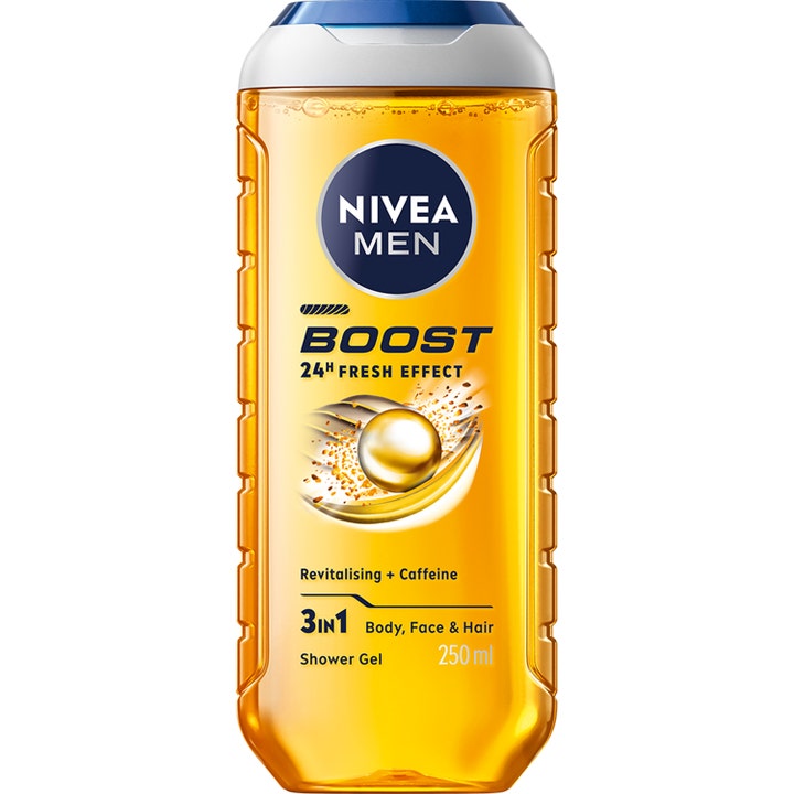 Nivea Men Boost 250 ml opkvikkende 3 i 1 shower gel med koffein i gennemsigtig flaske med orange gel og blåt låg