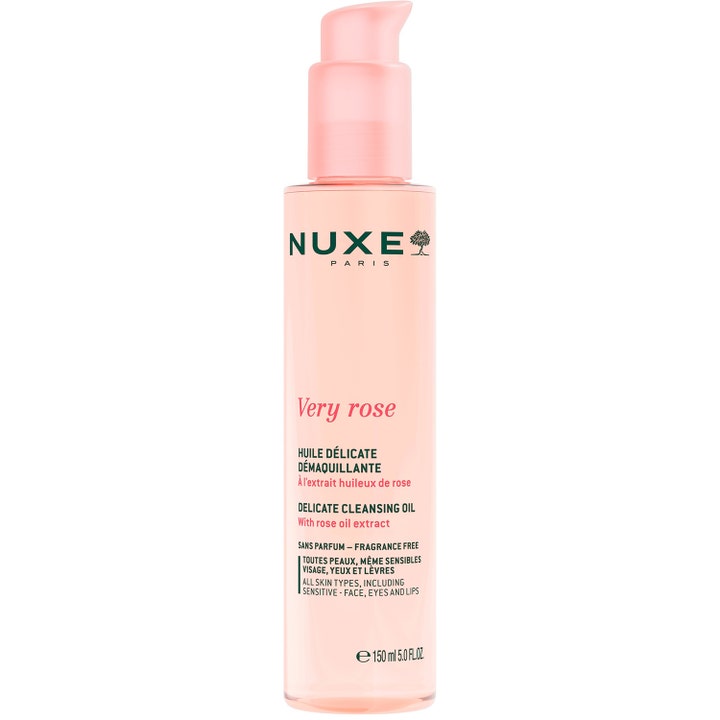 Nuxe Very Rose Delicate Cleansing Oil 150 ml beroligende renseolie i en lyserød gennemsigtig flaske med pumpe.