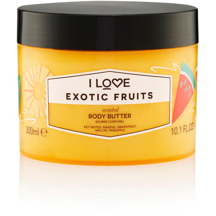 I LOVE Exotic Fruits 300 ml blødgørende body butter i en orange krukke med sort låg og frugtmotiver