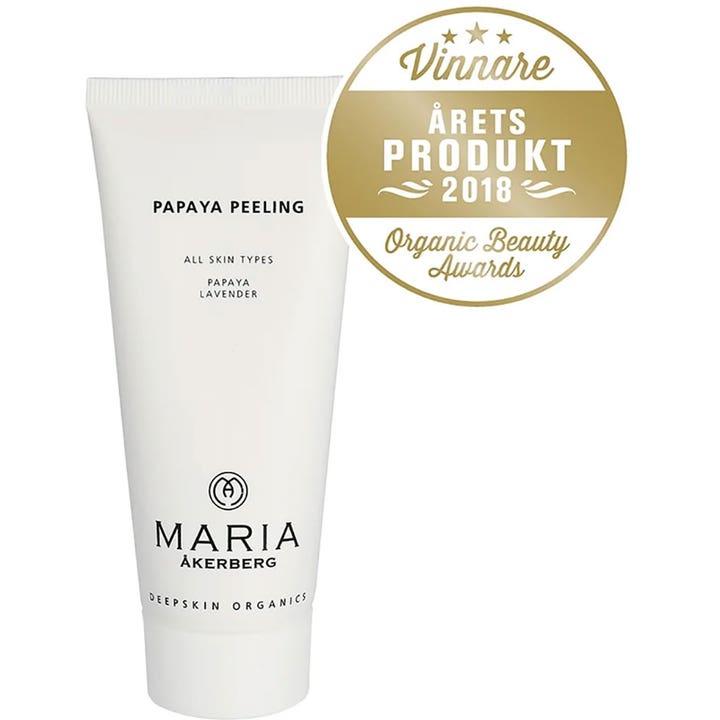 Maria Åkerberg Papaya Peeling 100 ml ansigtsskrub i hvid tube med guldvinderemblem fra Organic Beauty Awards