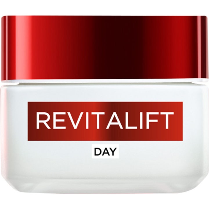 L'Oréal Paris Revitalift Day 50 ml opstrammende dagcreme i hvid krukke med skinnende rødt låg