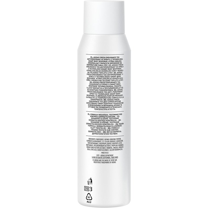 Adidas Climacool For Her 150 ml spray viser ingredienser og vegansk formel på bagsiden af flasken