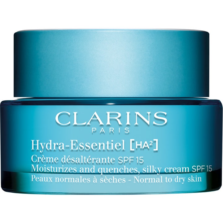 Clarins Hydra-Essentiel [HA2] fugtgivende ansigtscreme med SPF 15 i en blå glaskrukke med blåt metallåg