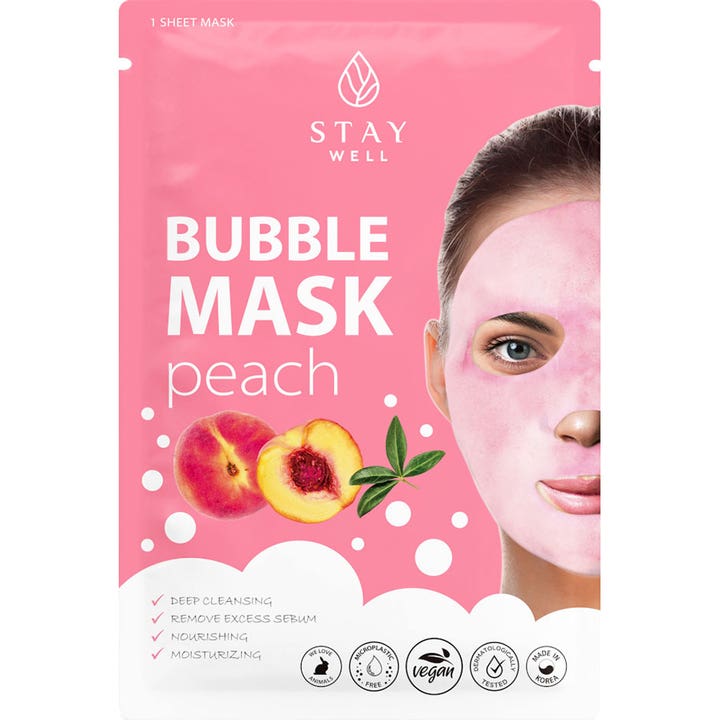 Stay Well Bubble Mask Peach 1 stk dybderensende ansigtsmaske i lyserød pakke med fersken og boblende effekt