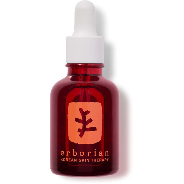 Erborian Ginseng Super Serum 30 ml opstrammende ansigtsserum i rød glasflaske med hvid pipette og orange logo