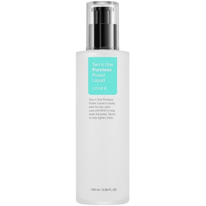 COSRX Two in One Poreless Power Liquid 100 ml porerensende BHA behandling i hvid mat flaske med sort pumpe og turkis label